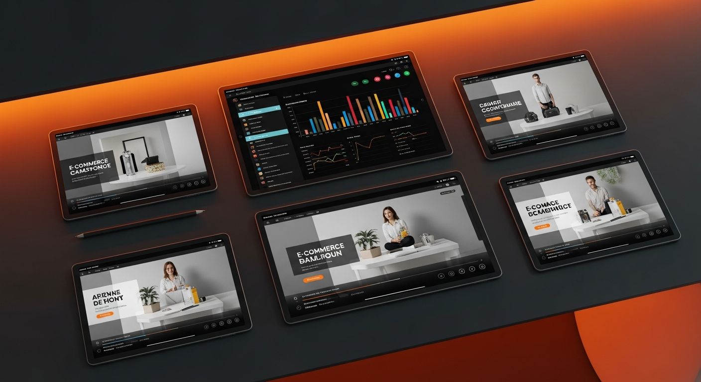 Multiple ad creative variants displayed across screens in a modern workspace